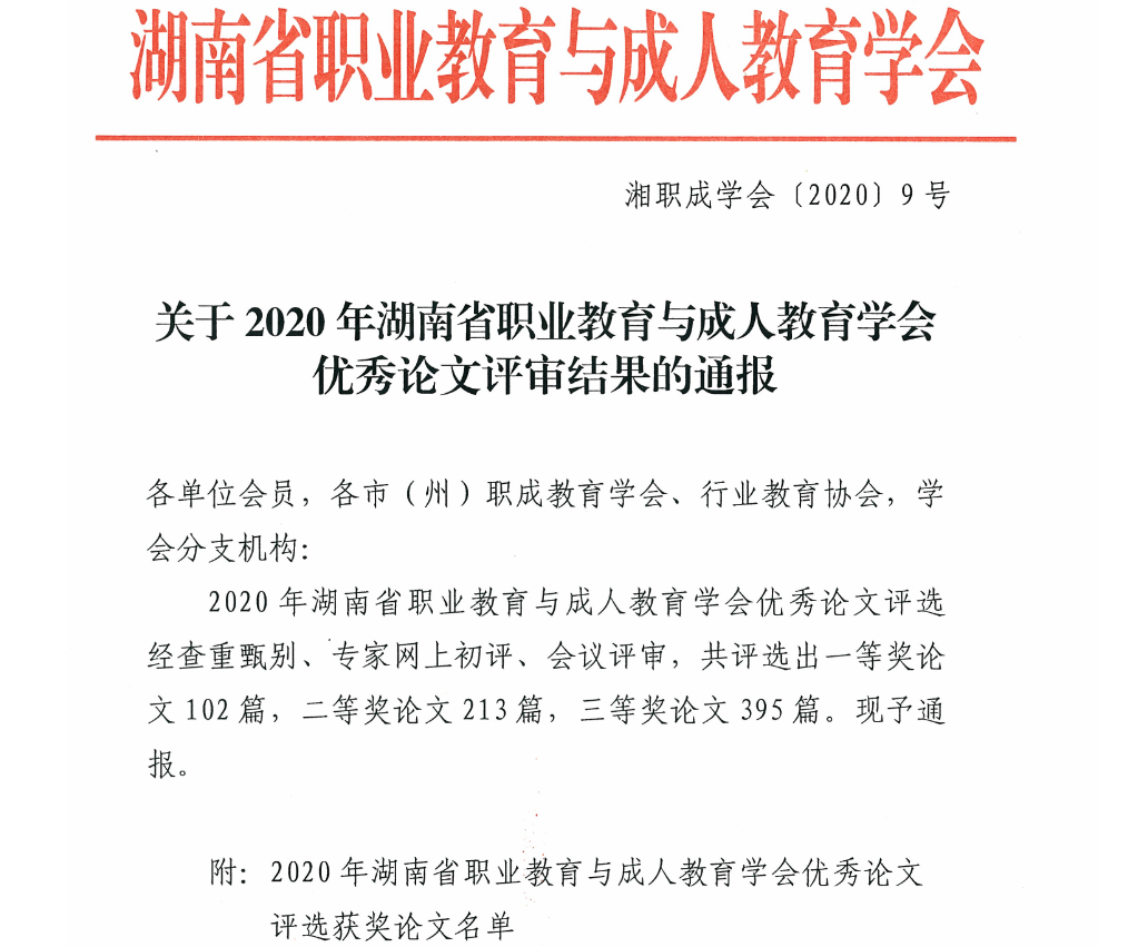 關于2020年湖南省職業教育與成人教育優秀論文獲獎名單的通告